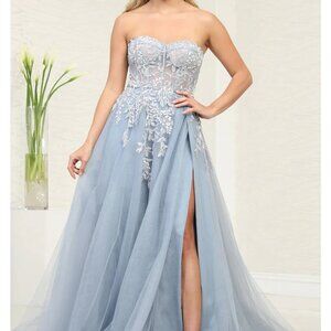 Strapless formal dress.Dusty blue ball gown party prom evening gala military